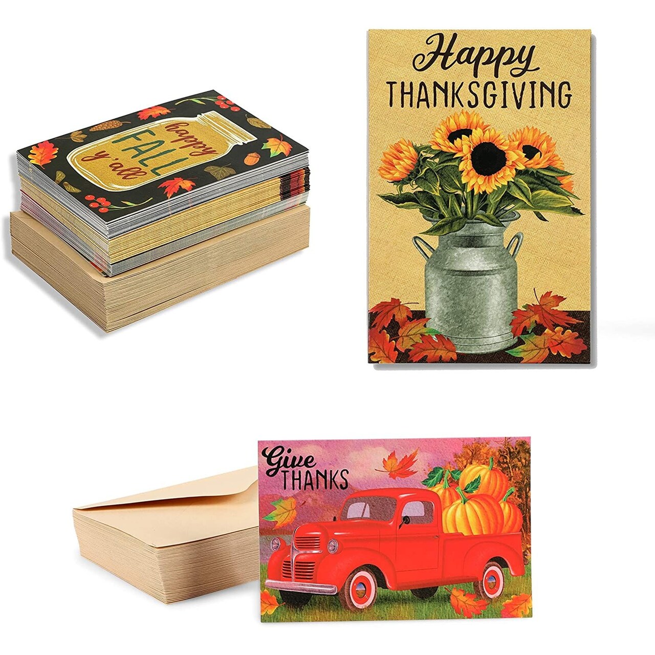 Happy Thanksgiving Greeting Card Assortment with Kraft Envelopes (4x6 In, 48 Pack)